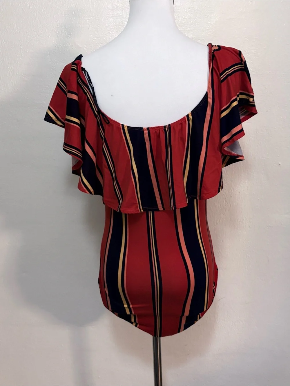 Ups & Bows Off-The-Shoulder Ruffle Vertical Stripe Bodysuit Medium